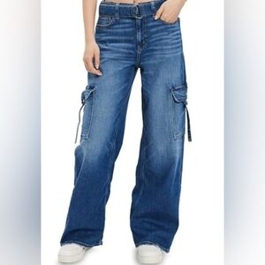 AE Blue Dreamy Drape Stretch High Waisted Cargo Baggy Wide Leg Jeans